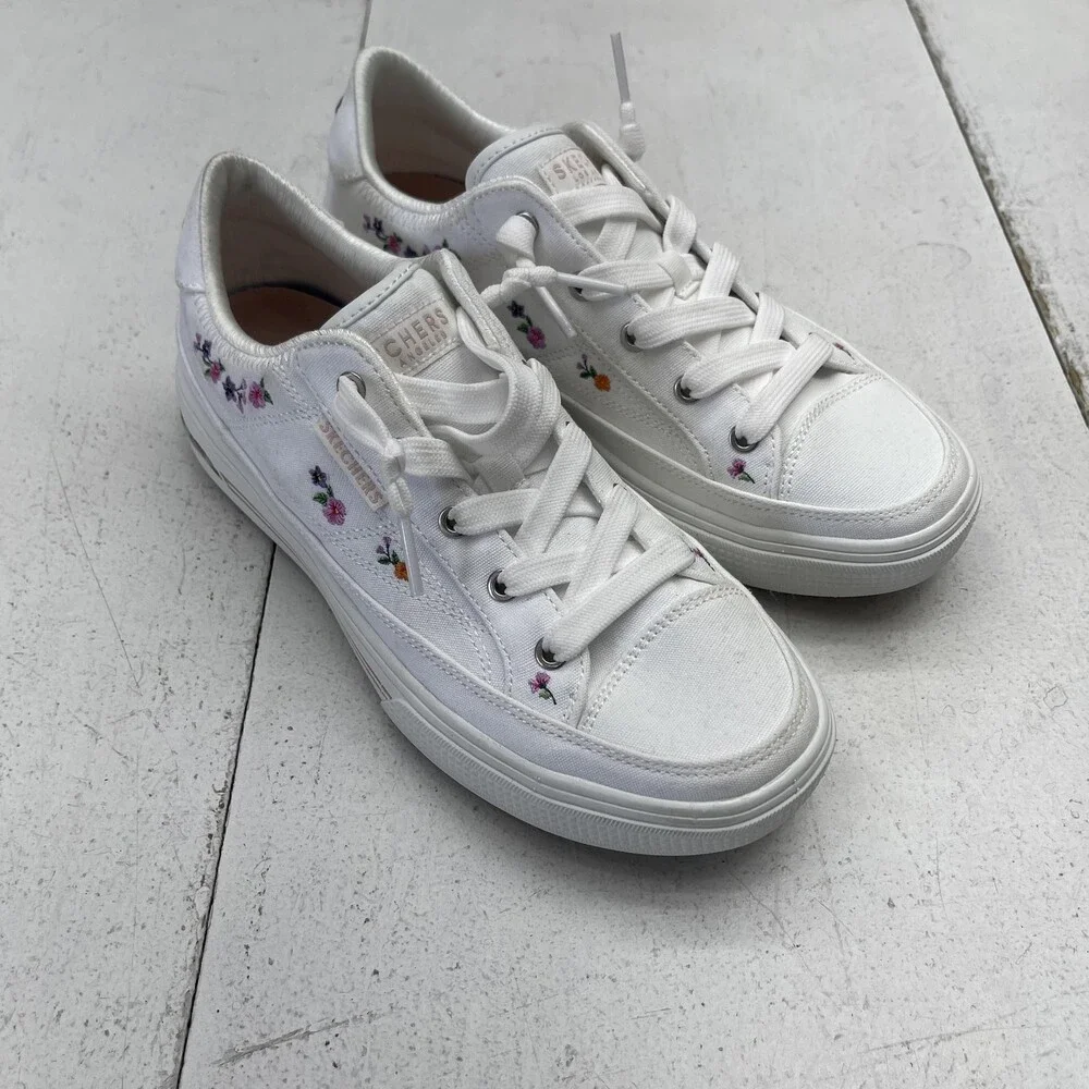 Skechers Air-Cooled Arch Fit Shoes Womens Size 7 White Floral Sneakers Walking - Picture 1 of 10